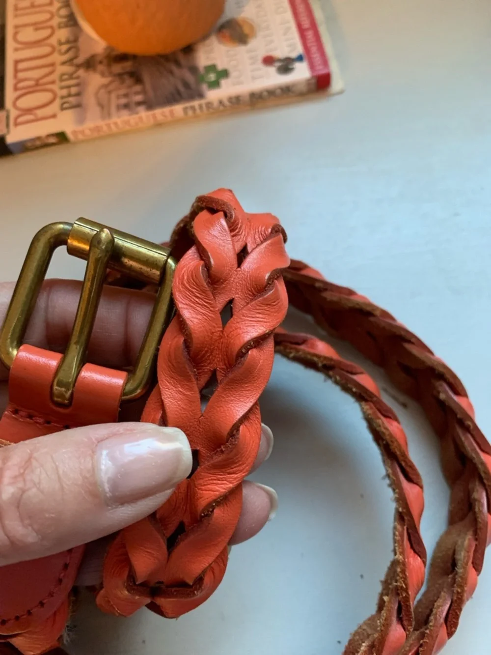 J Crew Braided Leather Belt in Burnt Orange with Brass Buckle